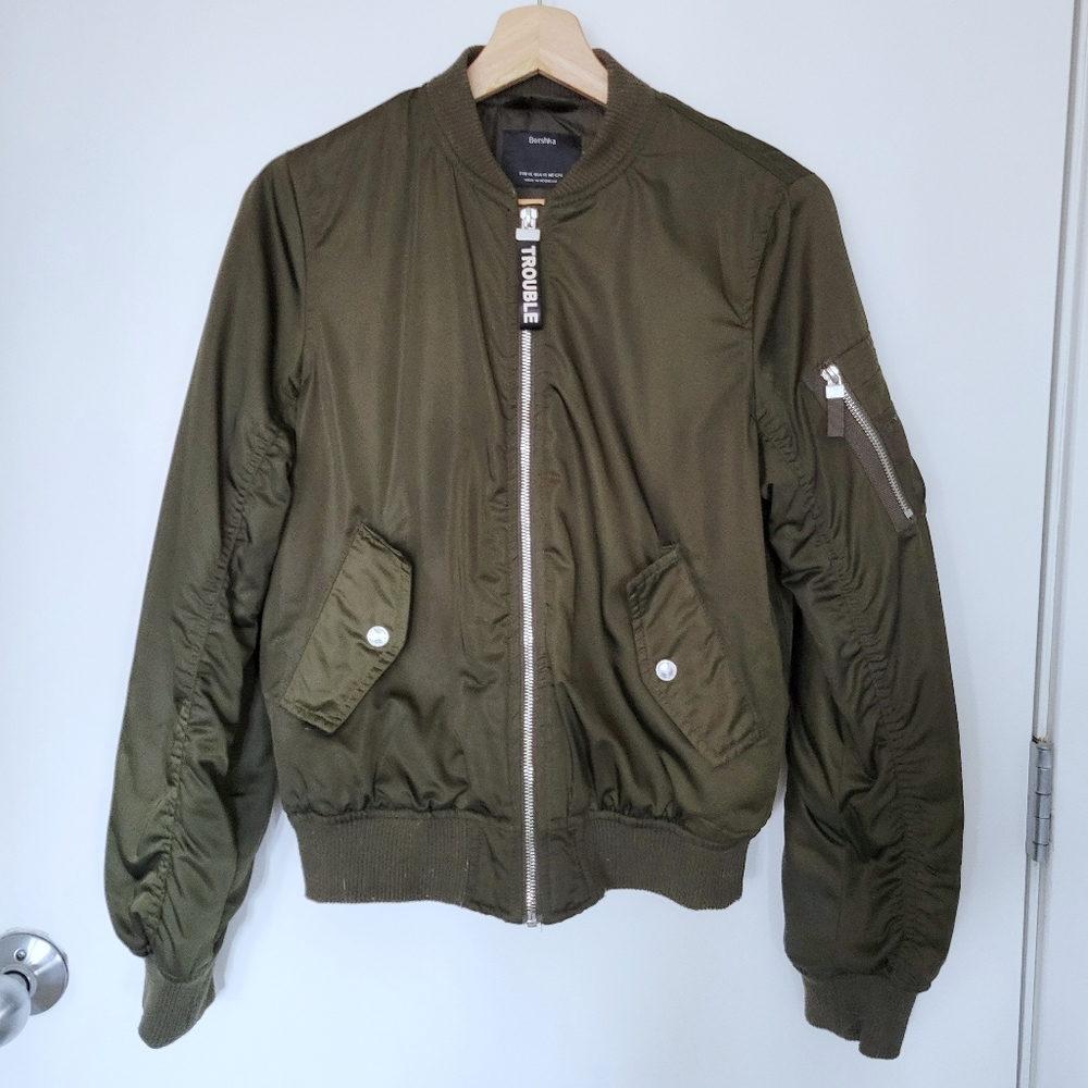 Bershka Women's Bomber Jacket Size XS Olive Green